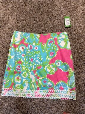 Lilly Pulitzer Pink, Blue & Green Floral Mini Skirt with Crochet Hem